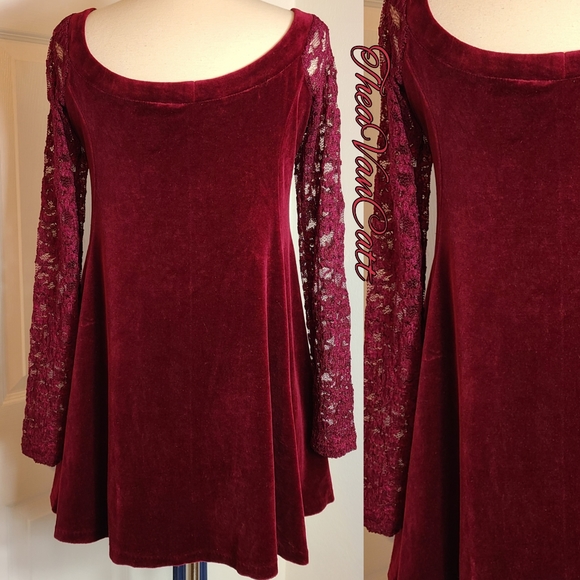 90s Betsey Johnson LUXE lace sleeves burgundy wine red VELVET mini dress / tunic - Picture 7 of 9